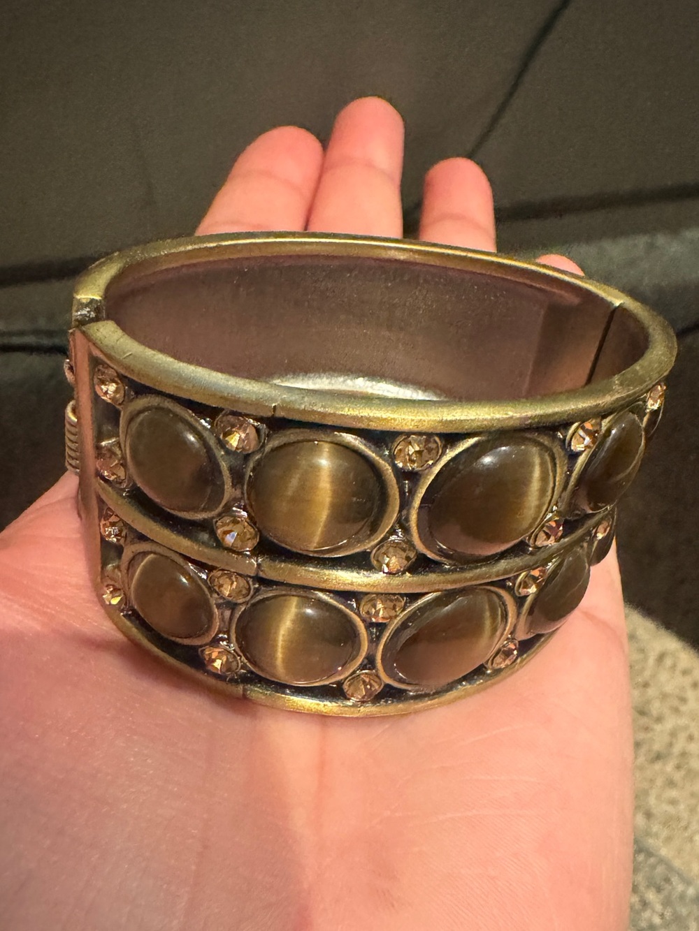 Antique Gold-Tone Cat's Eye Stone Cuff Bracelet - Women's Jewelry